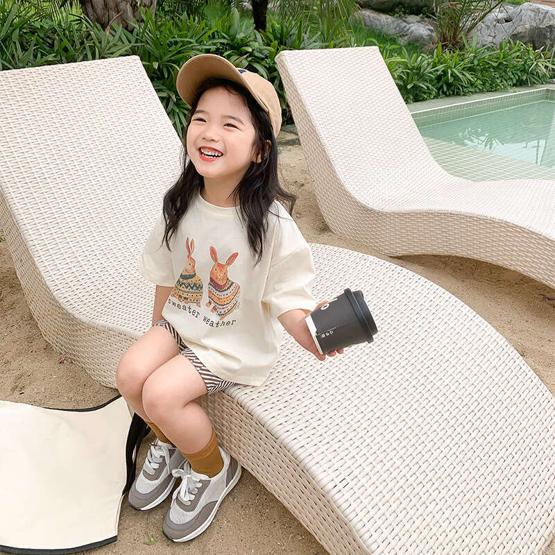 2025 Summer New Girl's Little Rabbit Cartoon Printed Short T-Shirt, Children's Baby Fashionable Half Sleeve Top Trend