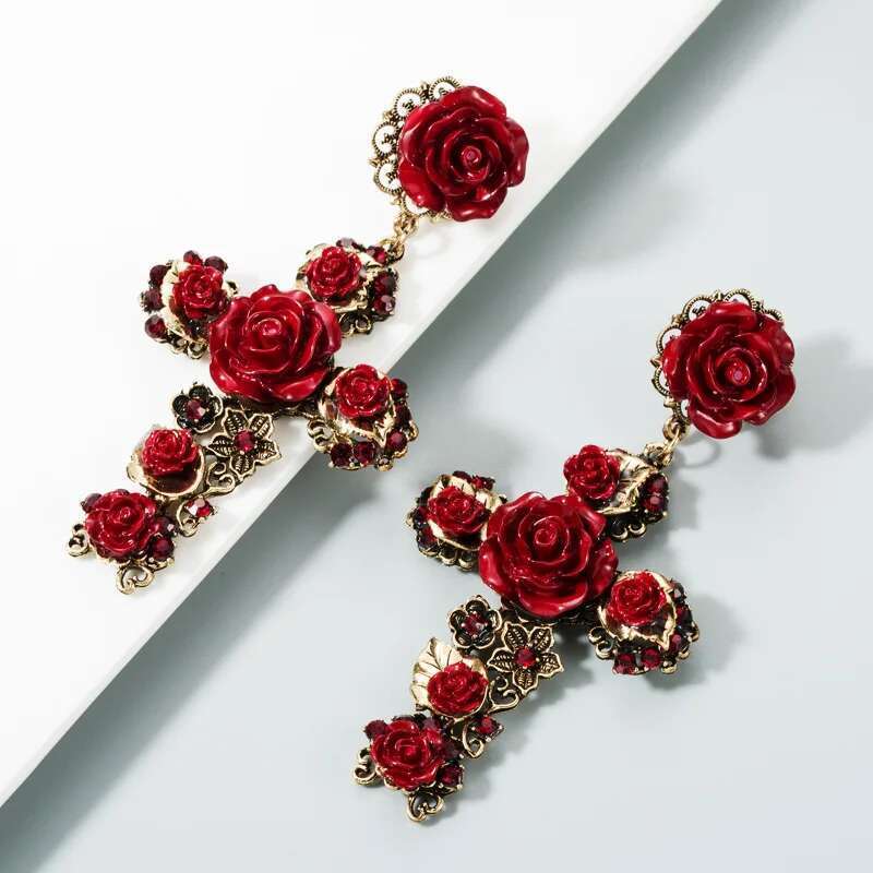 KMVEXO Baroque Vintage Gold Color Cross For Women Girls Enamel Rose Flowers Earrings Brincos Statement Jewelry 2022