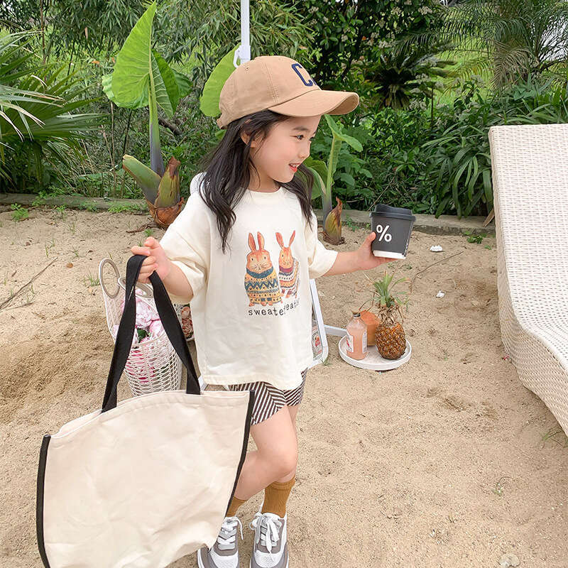 2025 Summer New Girl's Little Rabbit Cartoon Printed Short T-Shirt, Children's Baby Fashionable Half Sleeve Top Trend