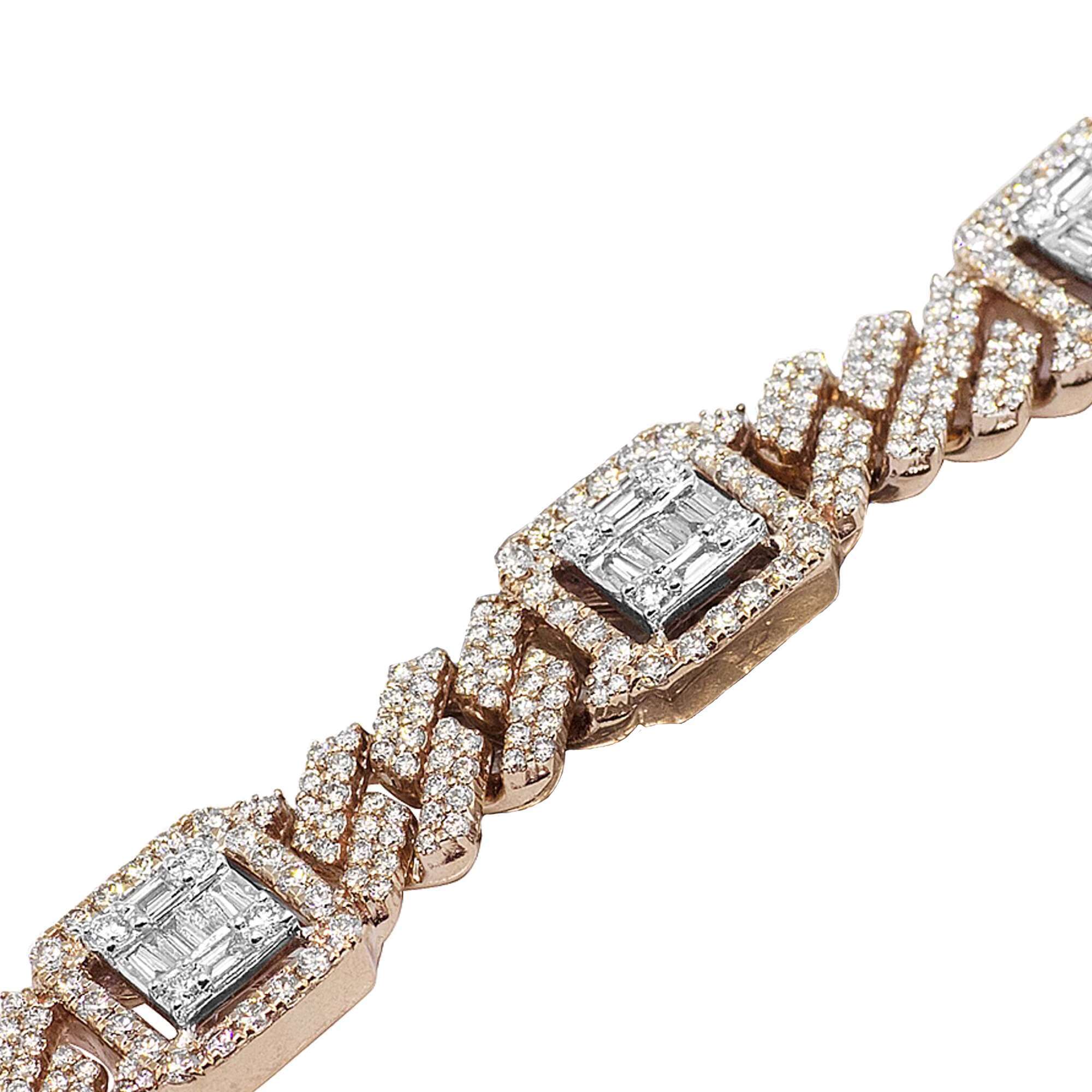 Most Trending Hip Hop Iced Out 14K Rose Gold Cuban Link Bracelet With Round Baguette Lab Grown Diamond For Men
