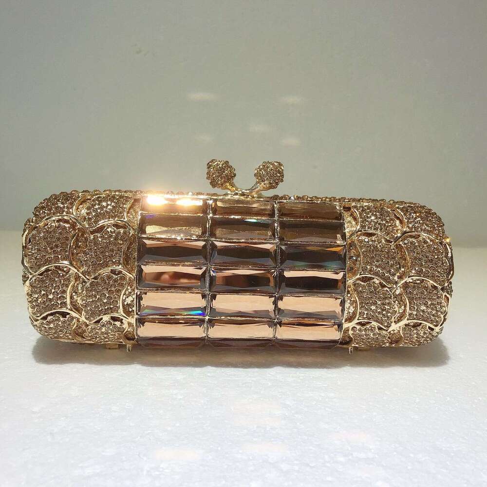 Dinner Bag Alloy Metal Studded Diamond Dinner Gold Apricot Blossom Brown Glass Hand Held Cylindrical Bag Club Bag KQ