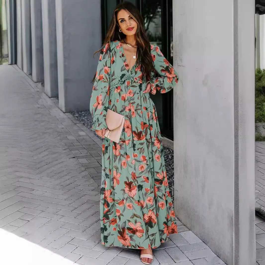 Elegant printed womens spring and summer casual pleated edge laminated long sleeved chiffon A-line long skirt party vest W250430