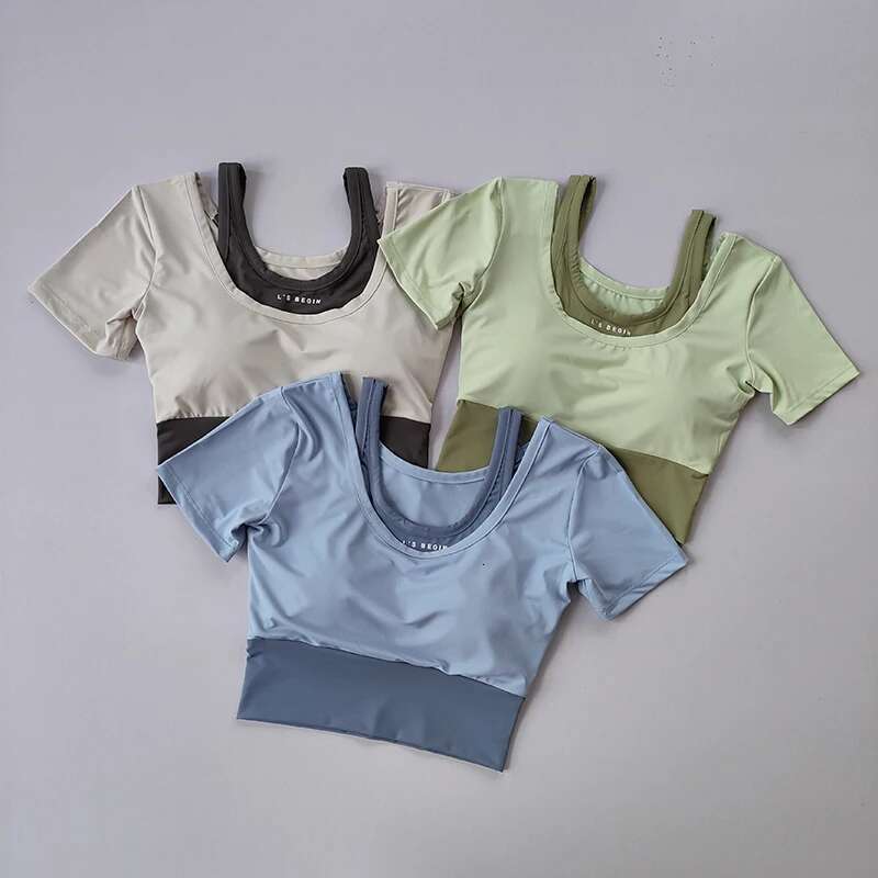 Fake Two-Piece Sports Sleeved Women's Summer Breathable Fiess Top With Bra, Fast Drying Tight Short Dance Yoga Clothes