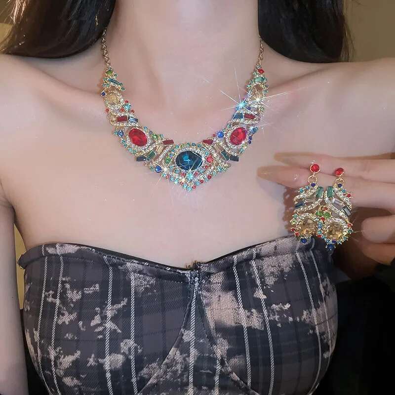 3 Pcs Colorful Rhinestone Necklace Earring Set Vintage Oval Drop Earrings Temperament Choker Necklaces Bride Jewelry Sets