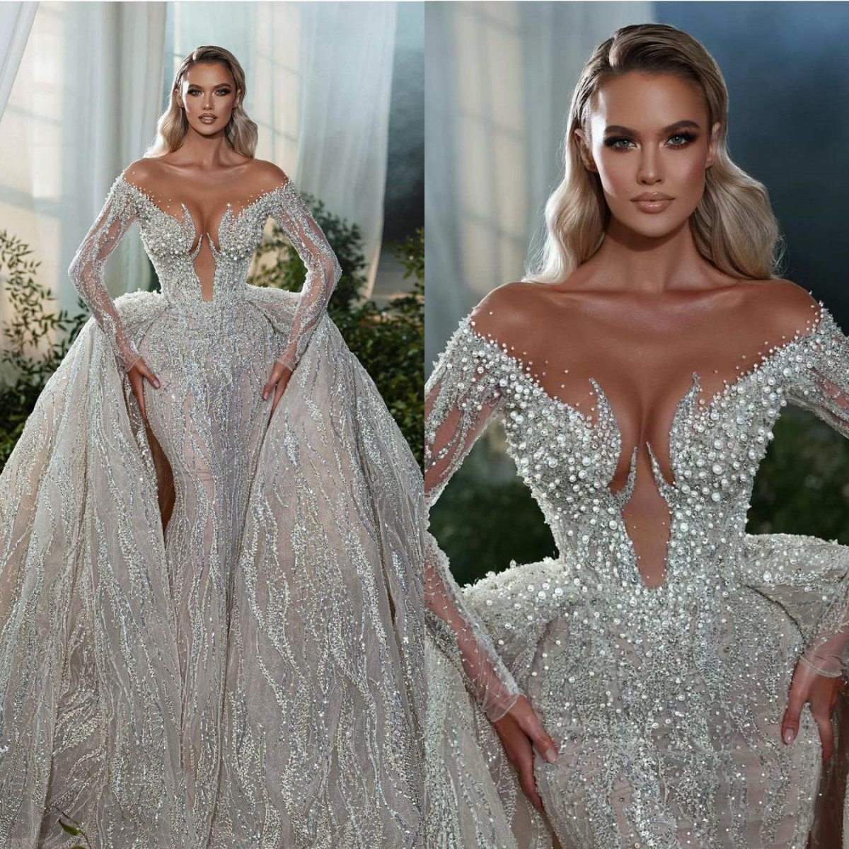 Elegant Pearls Mermaid Wedding Dresses with Detachable Train Off Shoulder Long Sleeve Beads Illusion Bridal Gowns Robe de mariee