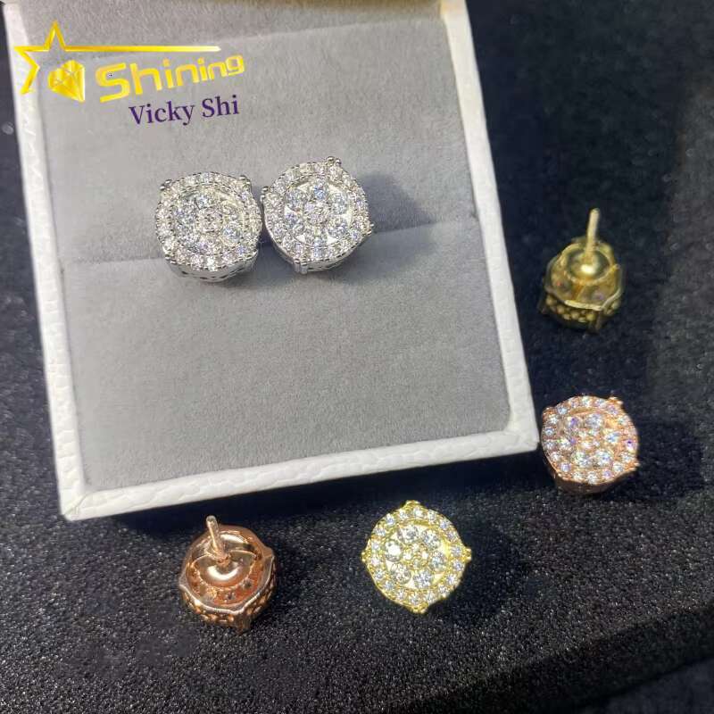 GRA Certificated 925 Sterling Silver Gold Plated Moissanite Stud Earrings Custom Iced Out Diamond Hip Hop Earrings