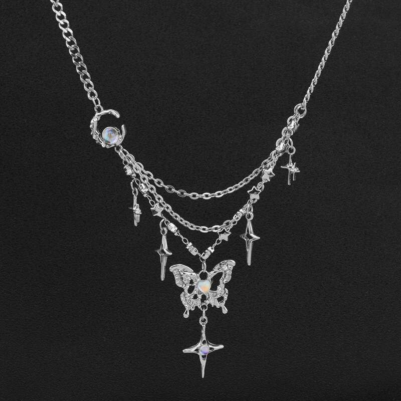 Sweet Cool Fairy Butterfly Inlaid With Zirconium Star Moon Collarbone Chain, Female Niche Design, Fashionable And Versatile, Light Style Necklace