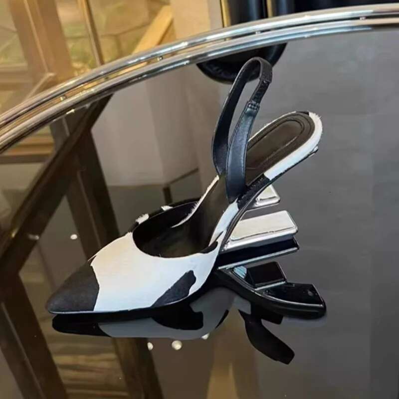 Fashionable New Women's Black White Contrast Mules Pointed Sexy Sandals Shaped High Heels Elegant Slingback Shoes Women