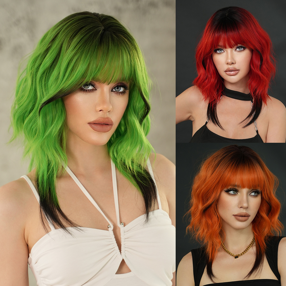 red Green orange colored wolf tail wig fashionable shoulder length womens curly hair synthetic high-temperature silk wig