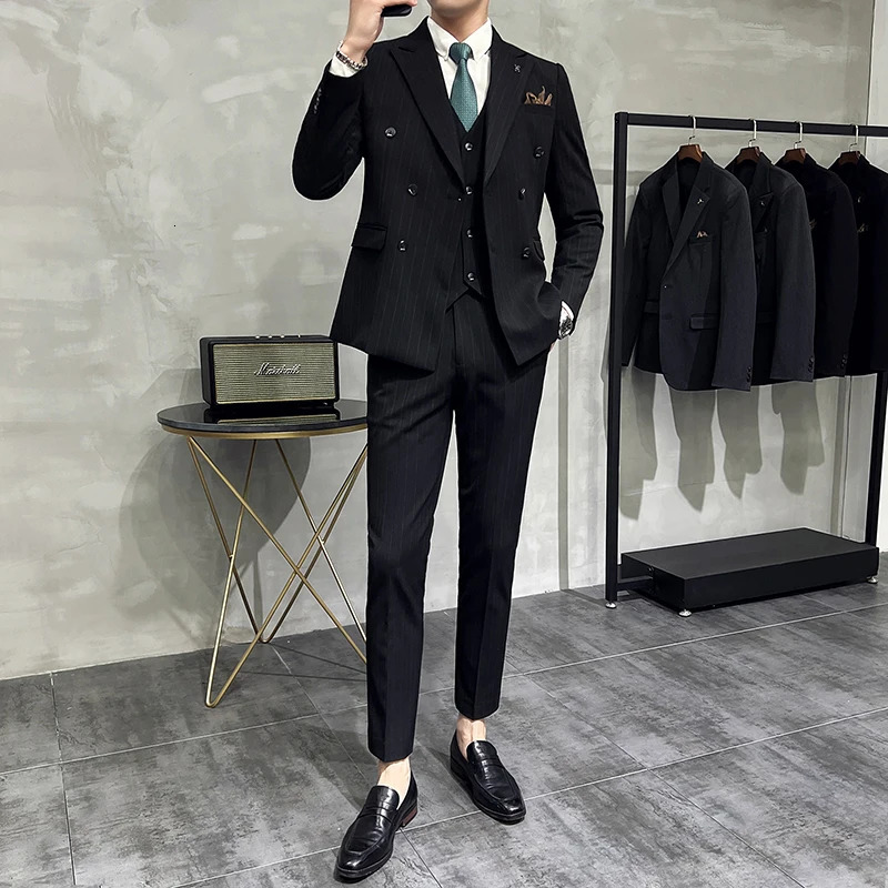 High quality Korean version slim fit business set setvestmens clothing striped double chest three piece 250428