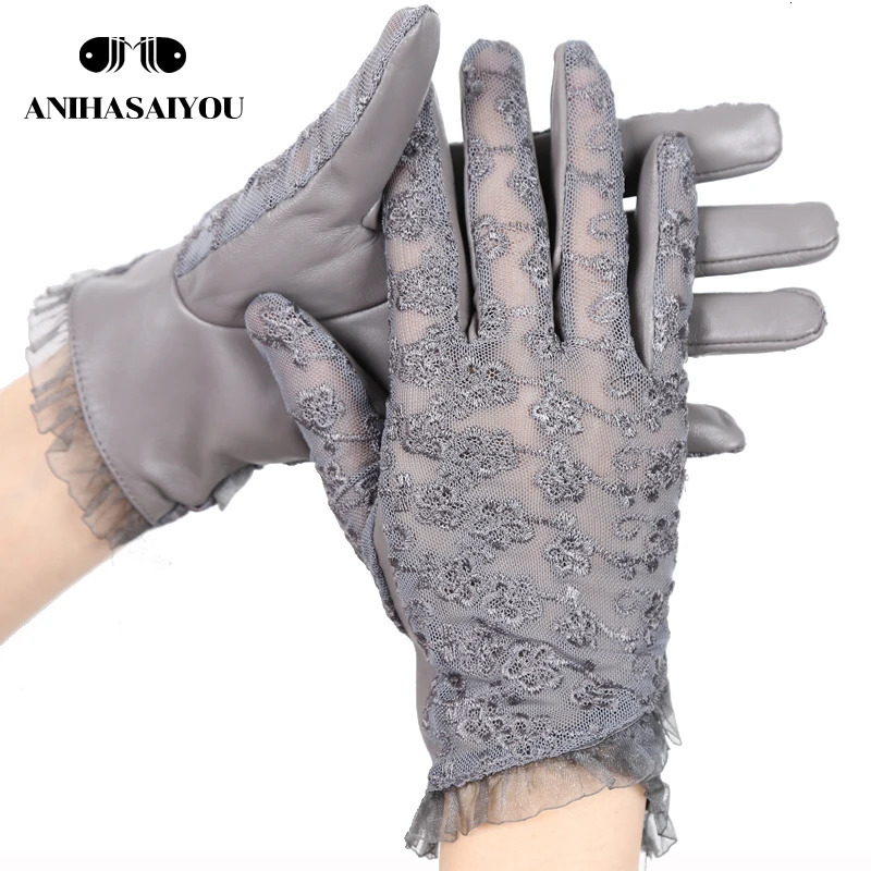 Fashion Sheepskin Lace gloves Six colors Driving womens leather gloves Classic embroidery leather gloves women- 250420