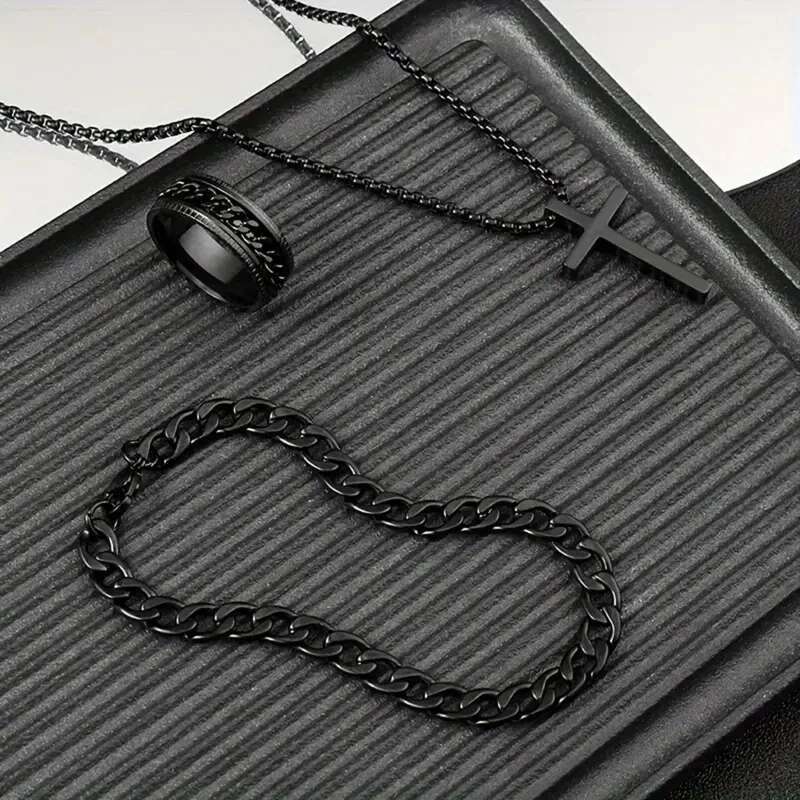 Hip Hop Fashion Cross Pendant Necklace Bracelet Chain Ring Men's Set Simple Personality Party Three Piece Jewelry Accessories