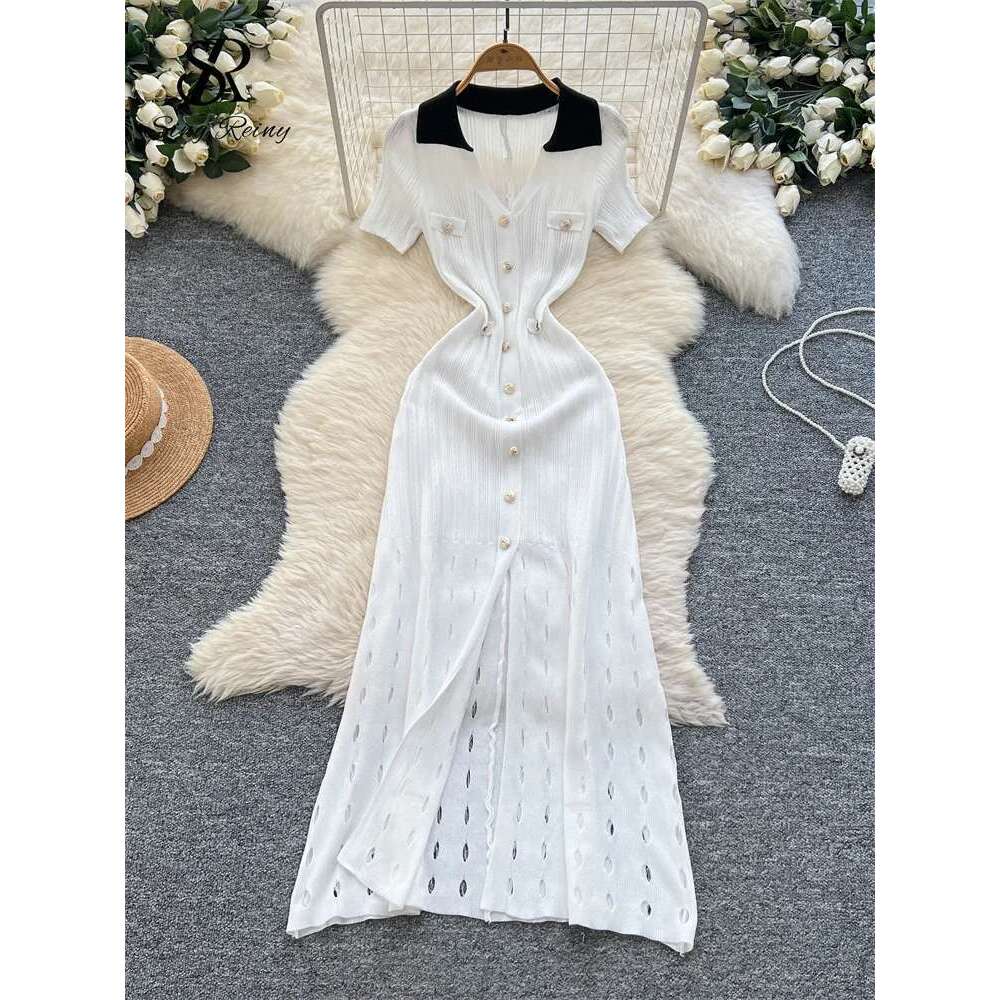 SINGREINY Senior Workwear Knitting 2025 Women Polo Collar Buttons Design Sundress Vintage Fashion Solid Split Long Dress
