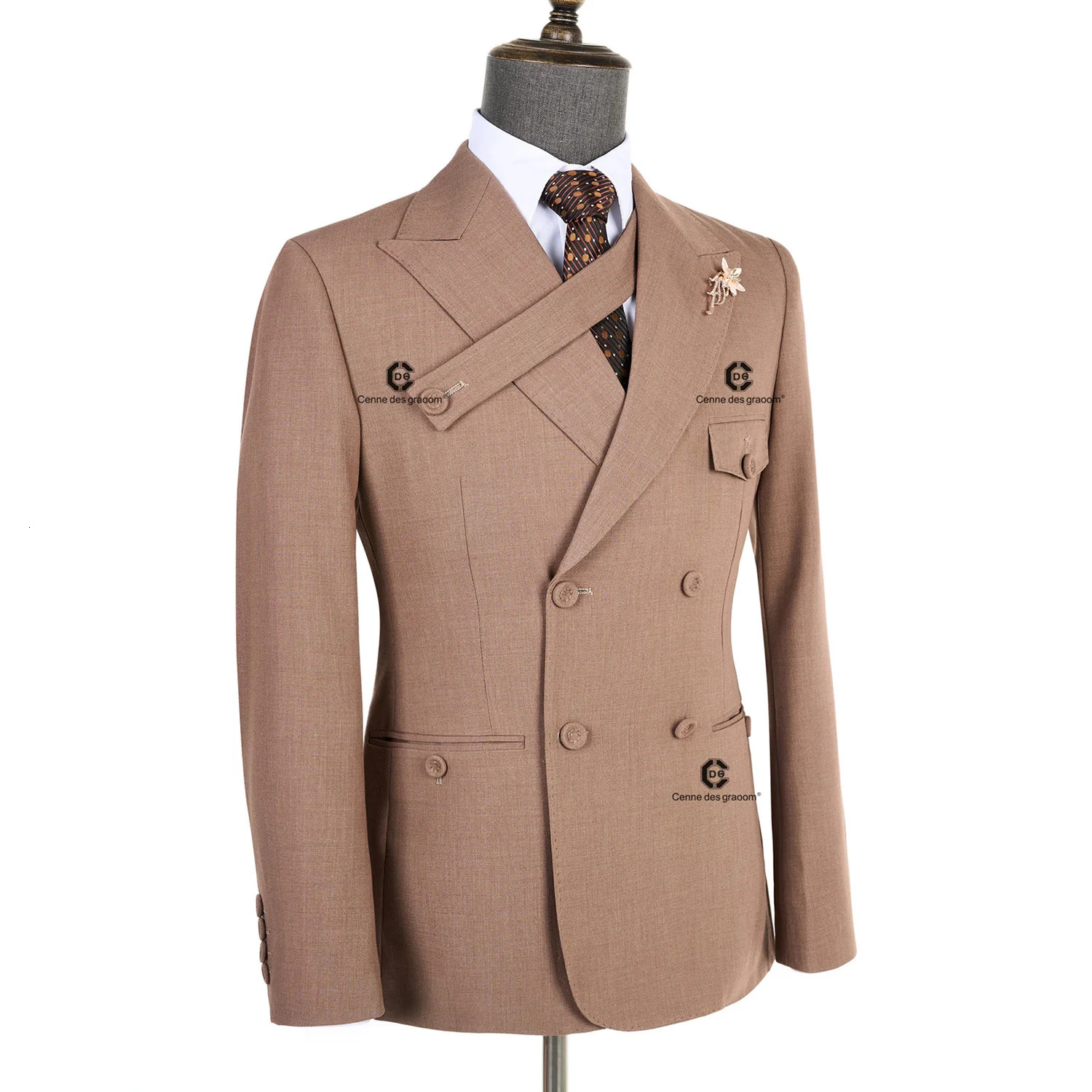 Cenne Des Graoom Elegant Brown Double Chest Mens Handmade Sewing Button Set High Quality Wedding Party 250428