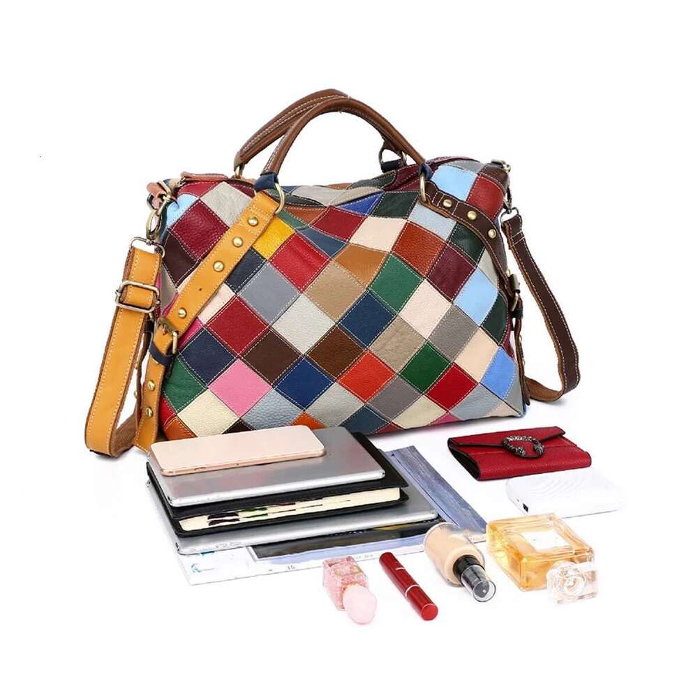 Leather Checkered Random Color Cowhide Rivets Women Multi-Purpose Hand Bill Shoulder Crossbody Bag