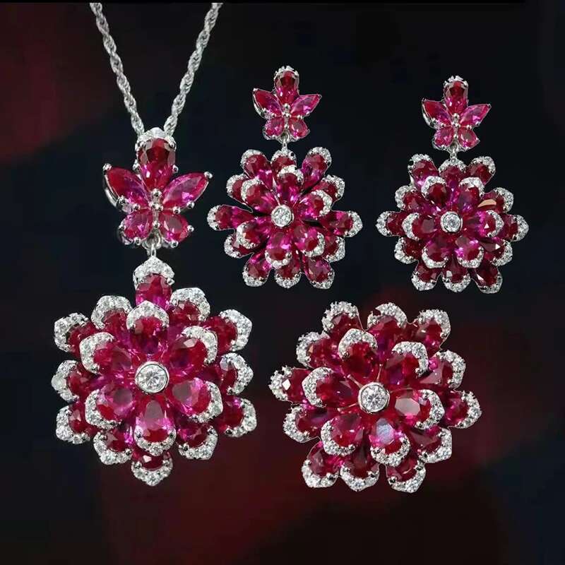 Sier Color Blue/Red/Green Crystal Jewelry Sets For Women AAA Zircon Wedding Party Elegant Rings Earrings Necklaces