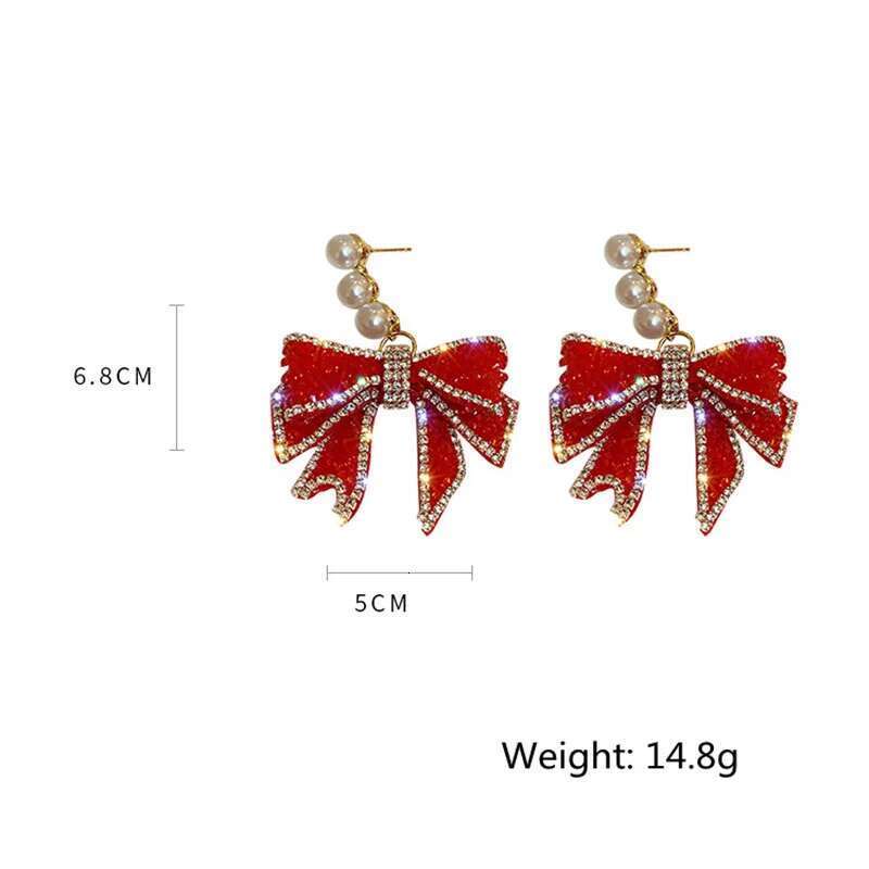 Red Bowknot Dangle Earrings For Women Three Pearl Rhinestone Earring Weddings Party Sparkle Jewelry Charms Accessories