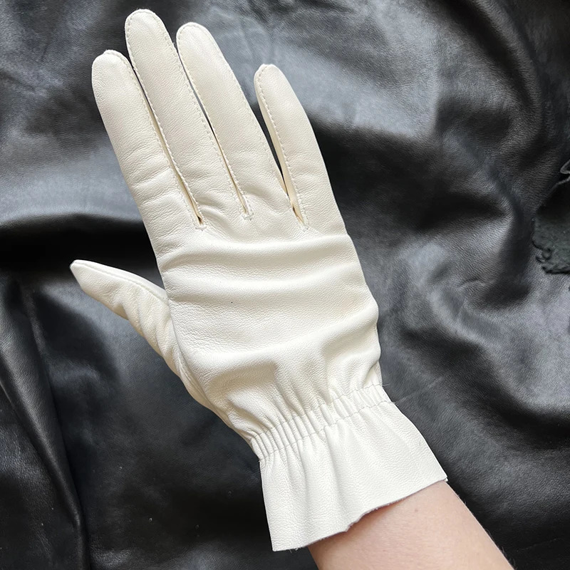 White leather womens sheepskin lace gloves without lining single-layer skin sunscreen fashionable driving gloves 250430