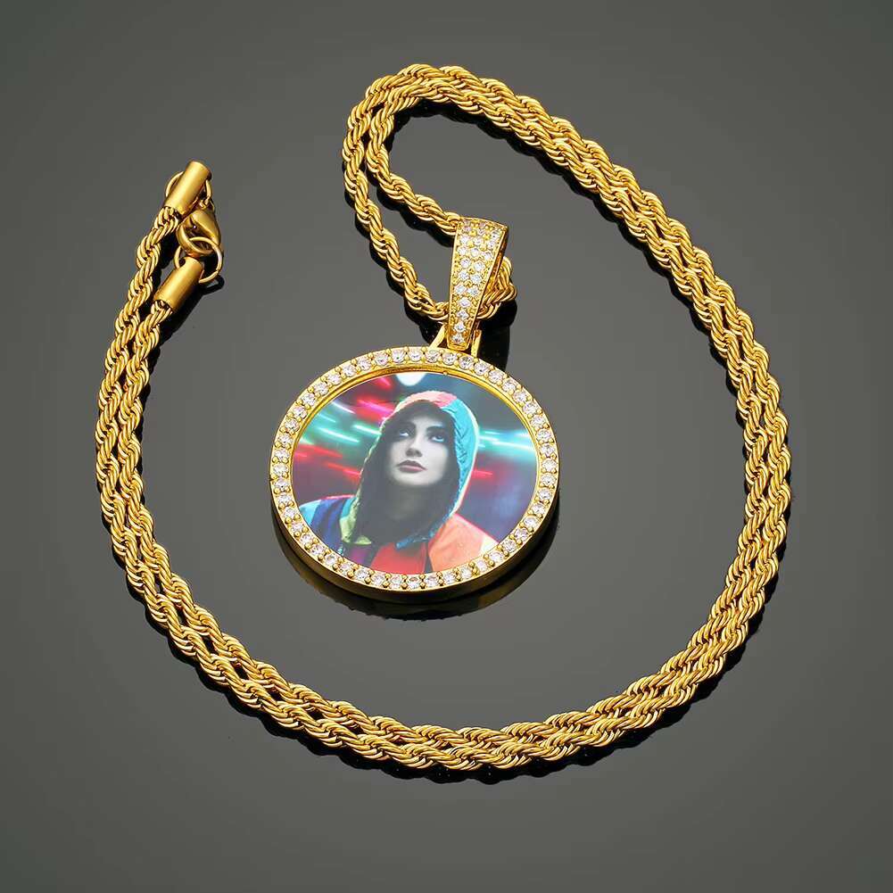 Engraved Custom Photo Pendant Necklace Frame Memory Medallions Pendant Necklace Mens Jewelry Silver Gold Necklaces Hiphop Zircon