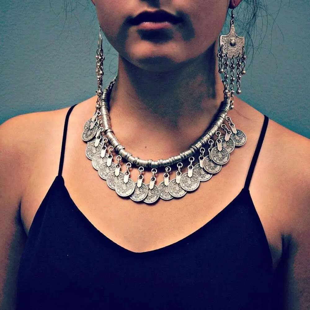 Afghan Vintage Sier Color Metal Coin Tassel Statement Collar Necklaces Bracelets Earrings Sets For Women Boho Tribal Party