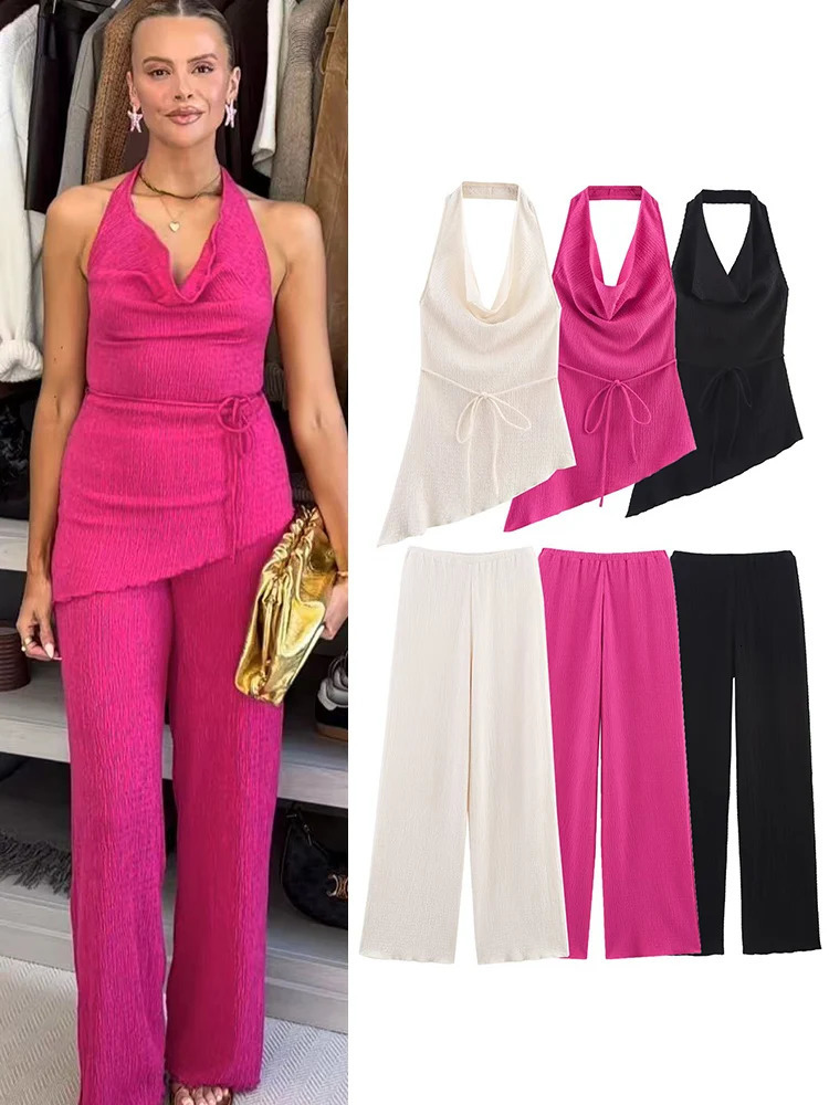 TFMLN womens pants set asymmetrical hem sleeveless lace top elastic waist straight fashionable casual 250427