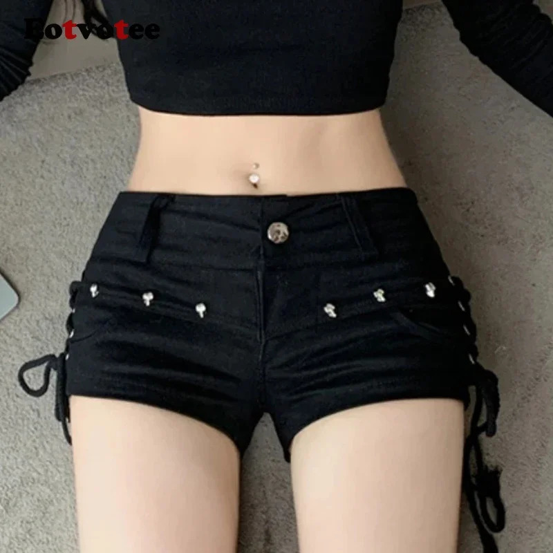 American retro sexy black denim shorts womens fashionable casual shorts streetwear fashion high waist mini jeans shorts 250427