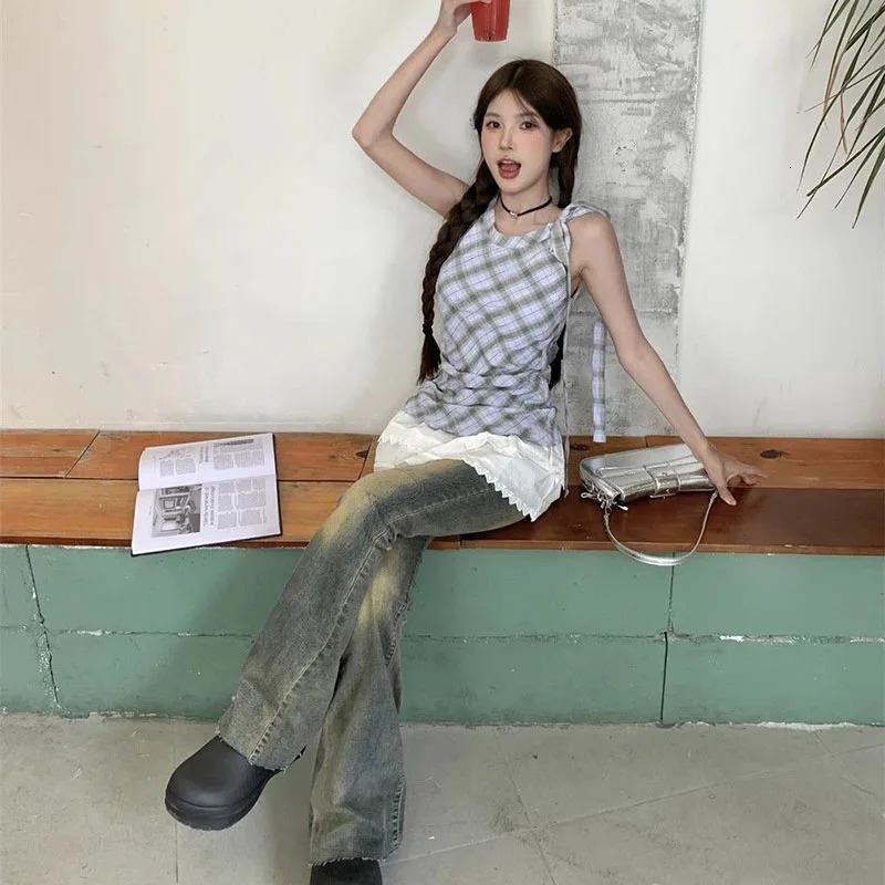 Fashion Two piece Long Vest Womens Sweet and Cute Ruffle Patch Work Top Womens Retro Plain Strapless Vest Summer 250427
