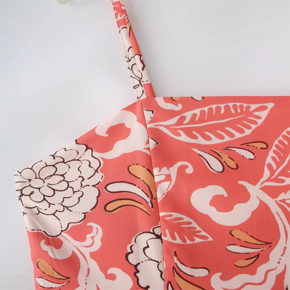 PB ZA 2025 Womens Spaghetti Strap A - Line Midi Dress with Coral and White Floral Print for a Charming Summer Look 250428