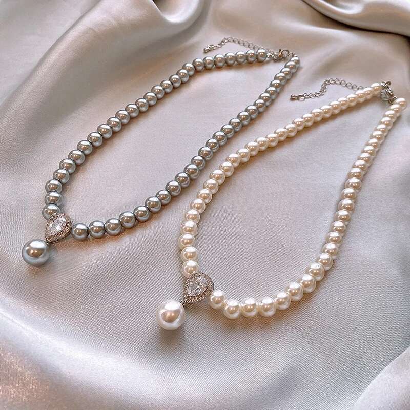 Pearl Zircon Pendant Water Drop Necklace For Women Retro Light Sweater Chain Necklaces Temperament Simple Jewelry Gift