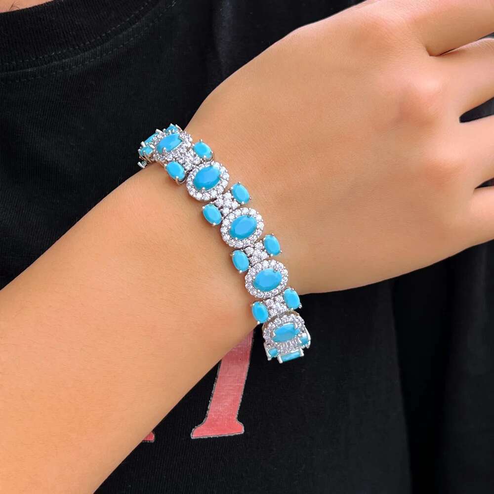 Threegraces 2024 New Blue Turquoise Geometric Link Chain Bracelet For Women Bohemian Wedding Bridal Party Jewelry Br404