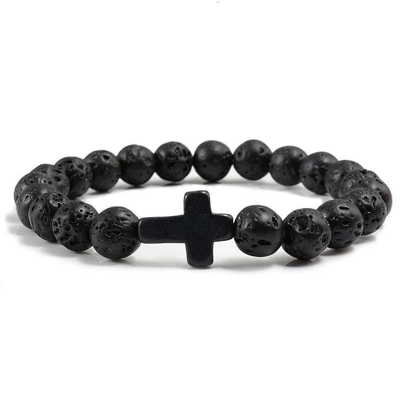 Charm Natural Stone Bracelet Cross Black Lava Matte Beaded Bracelets Handmade Men Women Prayer Fiess Chain Couple Jewelry Gift