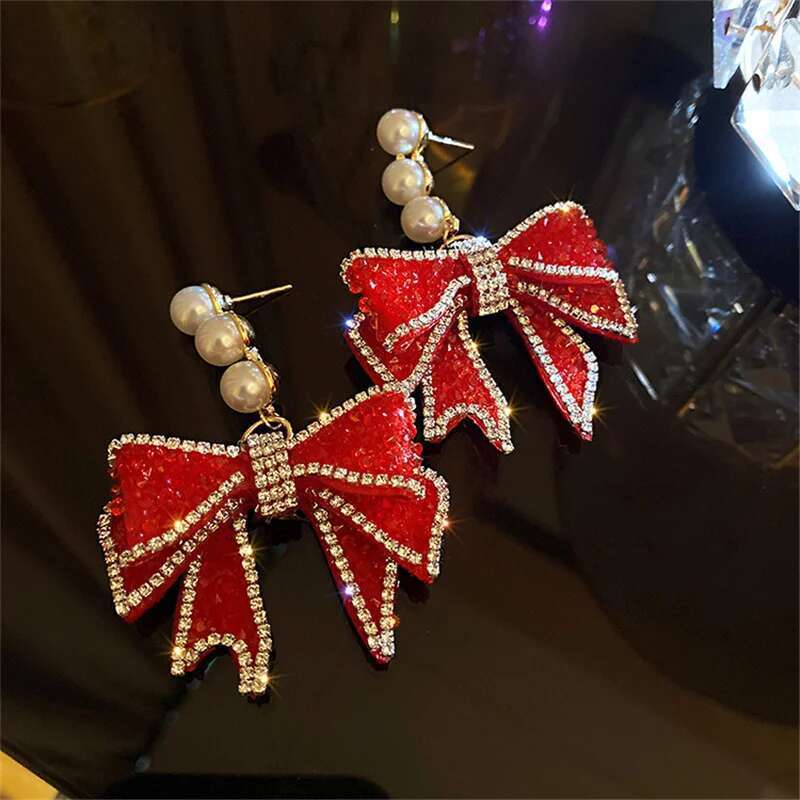 Red Bowknot Dangle Earrings For Women Three Pearl Rhinestone Earring Weddings Party Sparkle Jewelry Charms Accessories
