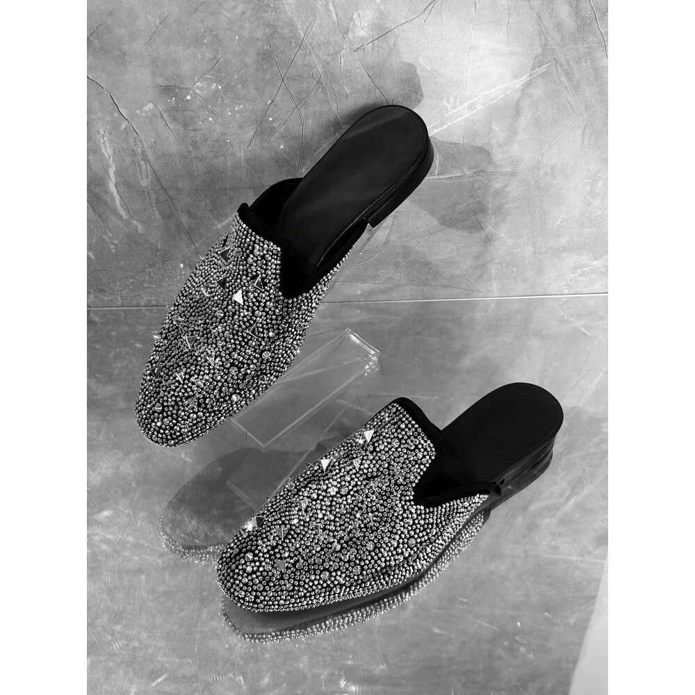 Rhinestone Men's Outdoor Slippers Slip-on Sier Glitter Sandals Flat Bottom Comfortable Men Shoes