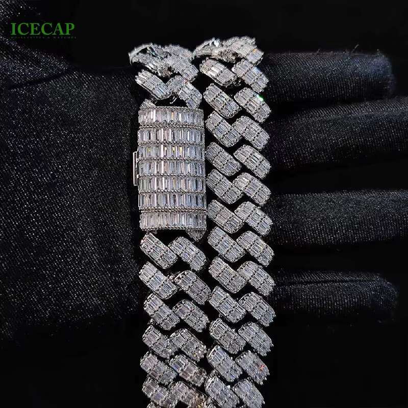 Hip Hop Jewelry VVS Moissanite 2 Rows baguette Cut Diamond Cuban Link Chain 925 Silver Men Cuban Necklace
