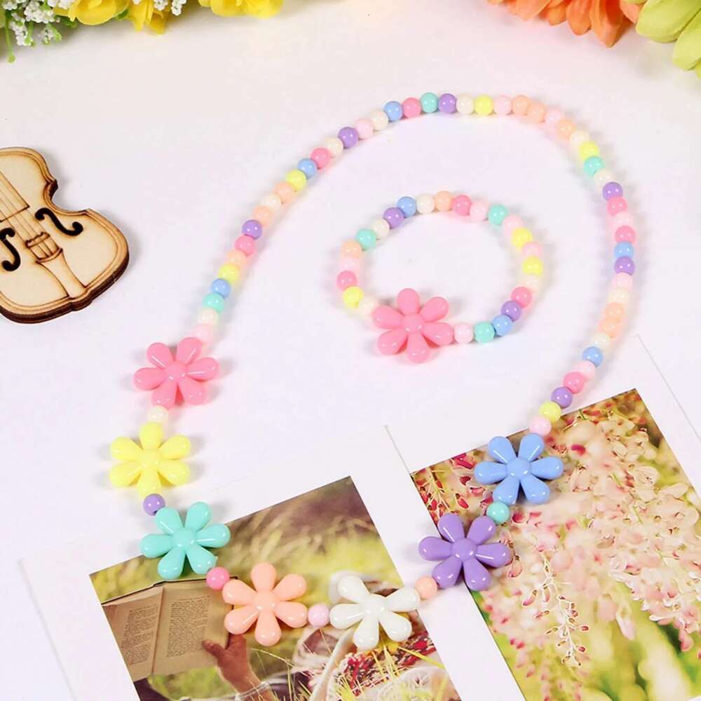 Candy Color Beads Jewelry Flower Bow Strawberry Necklace Bracelet 2Pc/Set Children Party Girl Birthday Gift