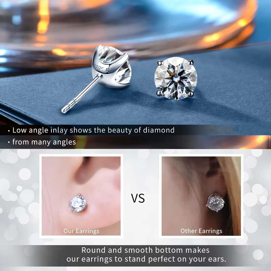 Unique 3 Prong Low Angle Setting VVS Moissanite Diamond Stud Earrings Nonallergic 925 Sterling Silver Ear Rings for Men Women