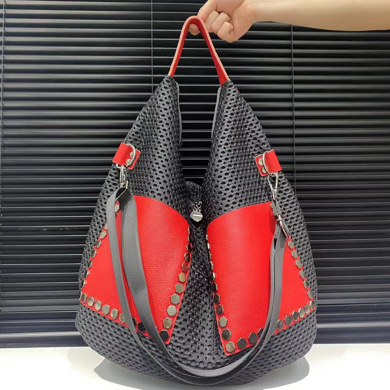 Retro mesh handbag, large capacity shoulder bag, punk style rivet