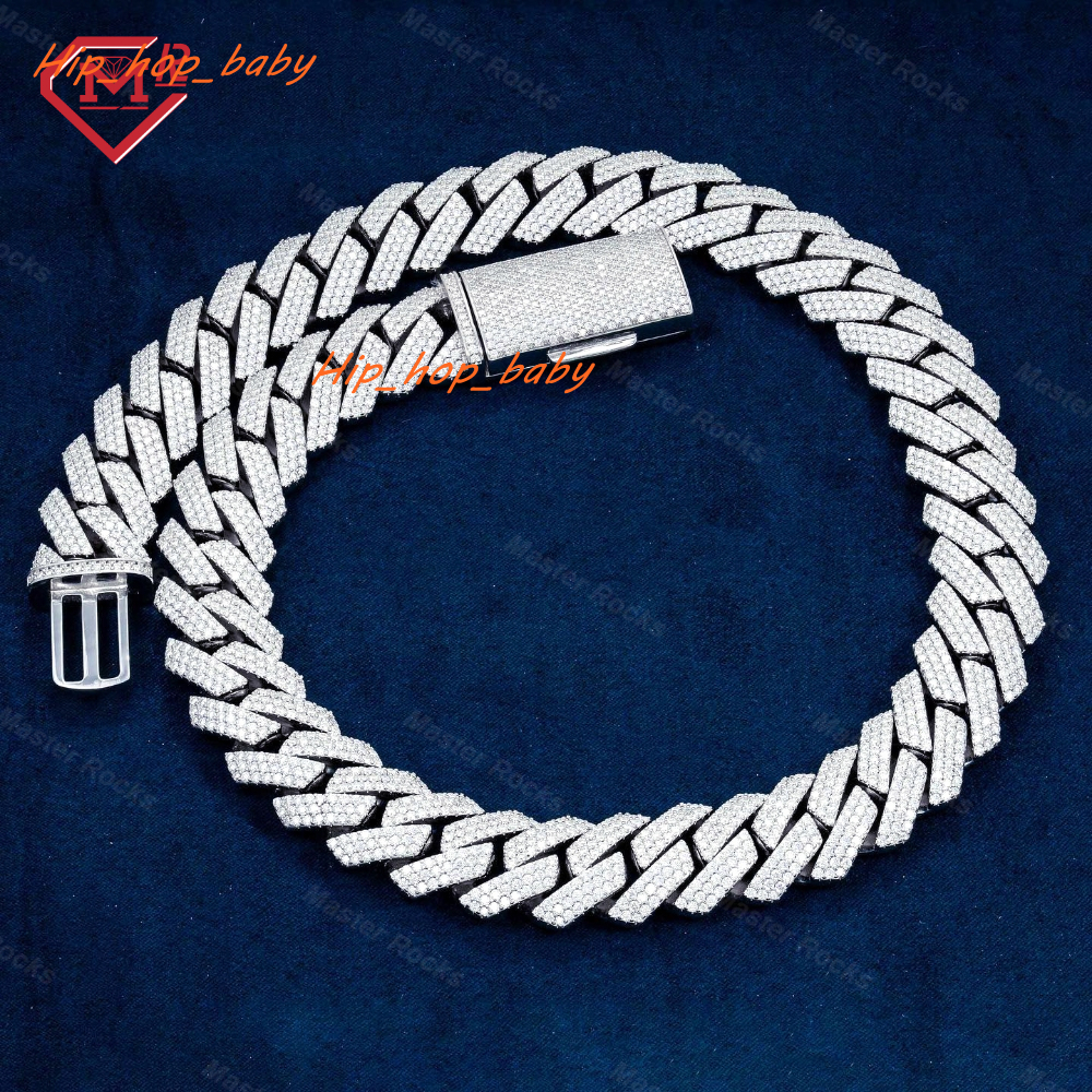18MM Hiphop Cuban Chain Necklace Pass Diamond Tester Hand Made 925 Silver Moissanite Cuban Chain