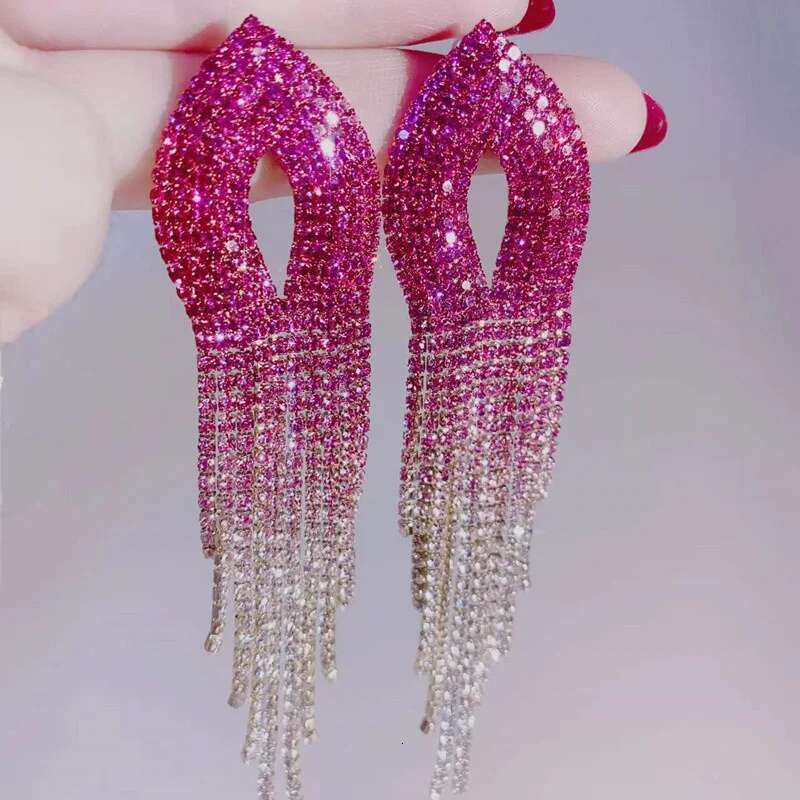 Shiny Rainbow Color Crystal For Women Long Tassel Pink Rhinestone Dangle Earrings Ladies Bride Weddings Jewelry