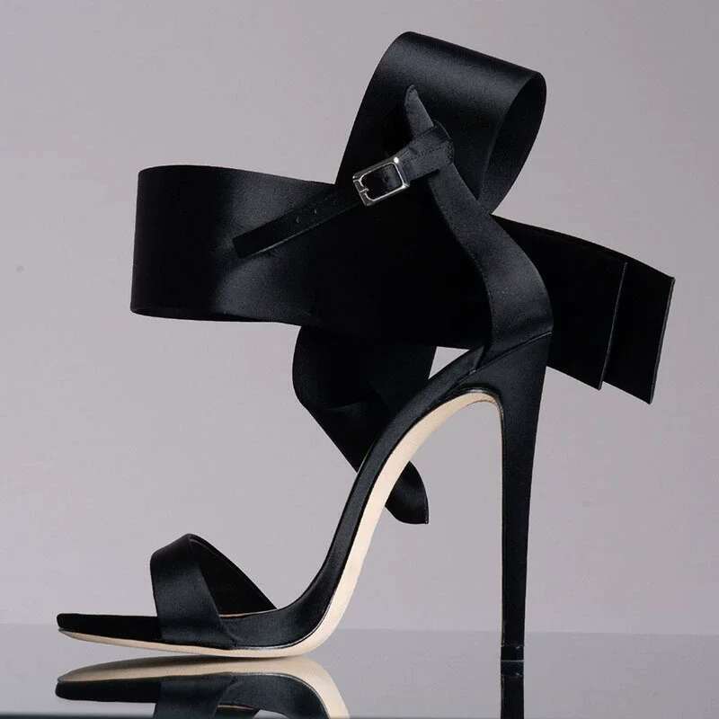 Summer new satin sequins oversized bow with sexy sandals stin high-heeled banquet dress customized large size women's shoes