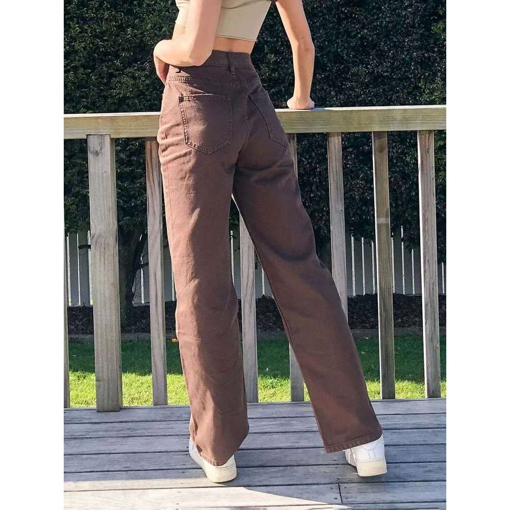 Women High Waist Wide Jeans Lady Baggy Oversized Denim Pants Streetwear Straight Leg Classic Casual Brown Long Trouser