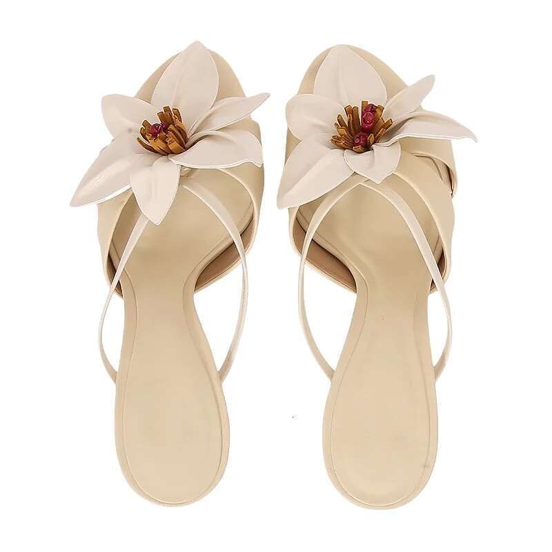 Sexy Open High Heels Flower Round Toe Sandals Comfortable Mules Fashion Slip on Women Party Banquet Shoes
