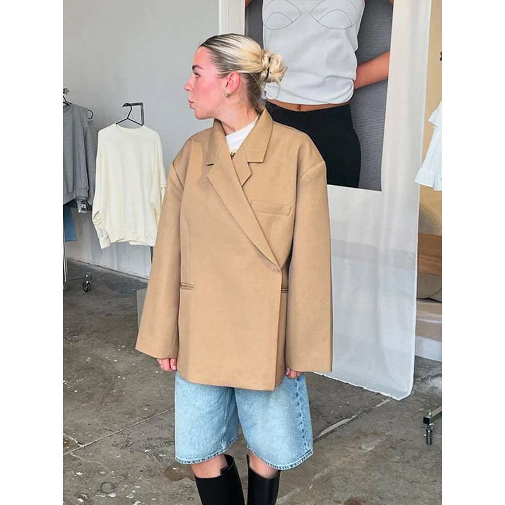 Oversized Solid Women Coat Long Sleeve Double Button Female Jacket 2025 Fashion Spring Notched Side Slit Shoulder Pads Lady Tops