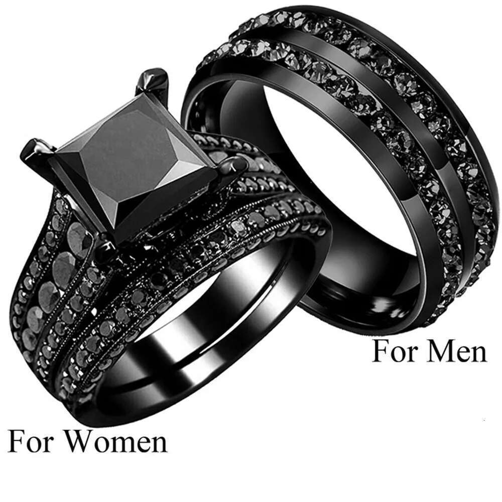 His Her Couple Rings Black 316L Stainless Steel Princess Cut Cubic Zirconia Engagement Wedding Jewelry Set