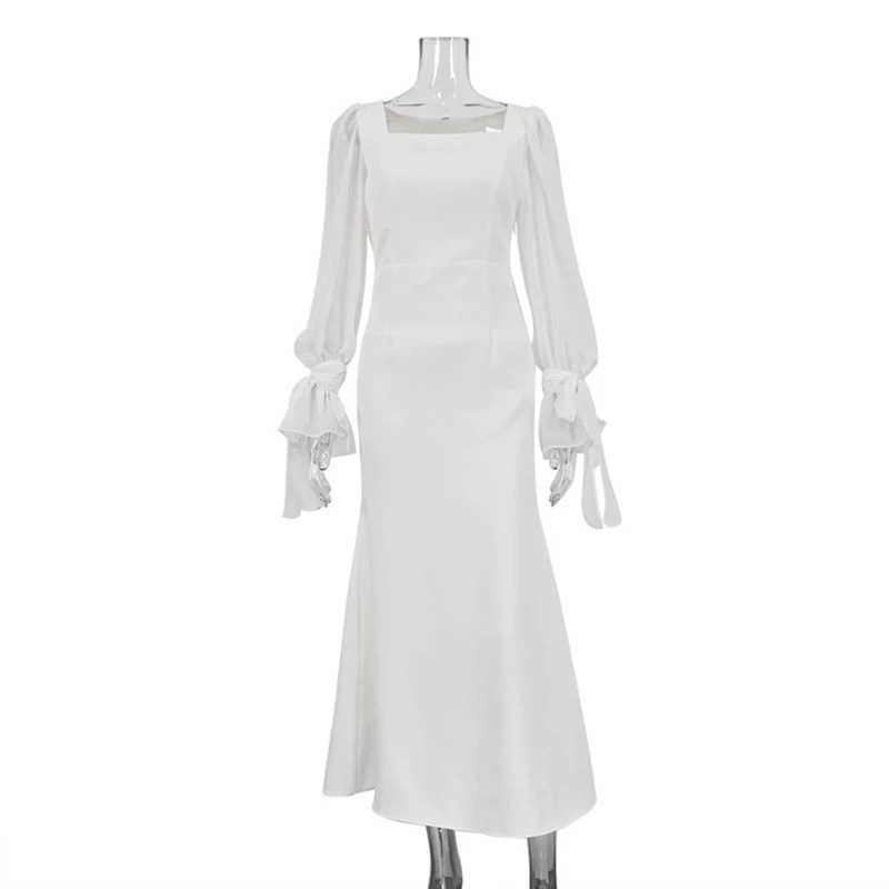 White office womens fashionable ultra-thin square neckline long sleeved ankle length dress spring womens clothing dress W250430