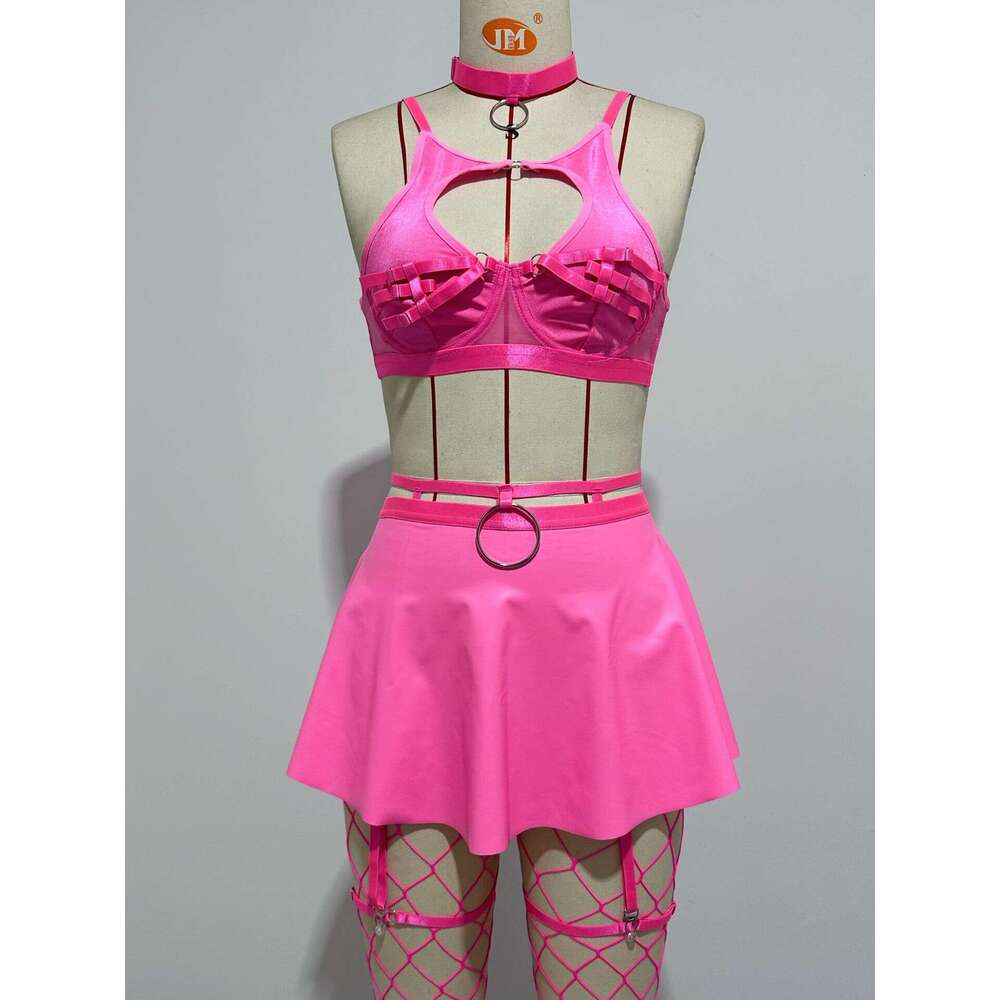 Sexy Underwear Lace Sexy Lingerie Bra Set Solid Color Leather Skirt Mesh Socks For Women