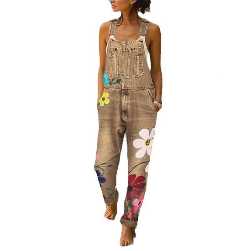 Overalls Women Jeans Long Pant Denim Pants Floral One Piece Suspenders Straight Trousers Splice High Waist Casual Autumn