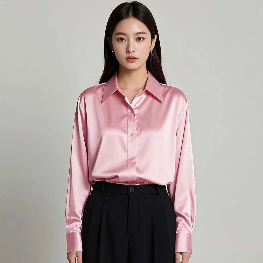 Korean Office Womens Trendy Casual Shirt Elegant Satin Multi Color Basic Ultra Thin Solid Full Match Top French Style 250422