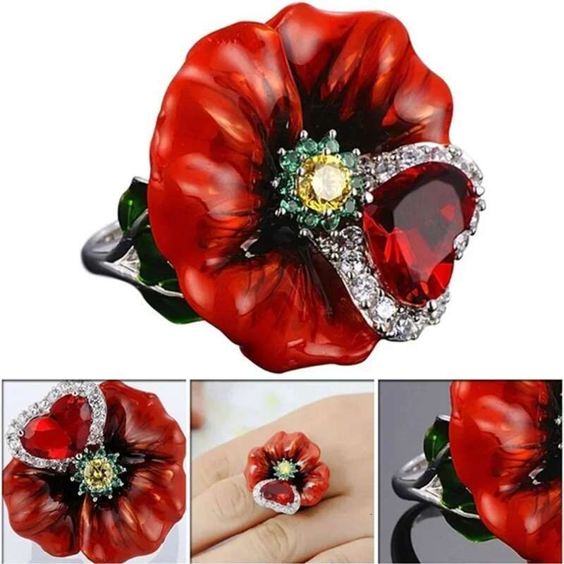 BAOSHINA Red Series Trendy Rose Flower Zircon Earrings Necklace Ring Set For Women Wedding Jewelry