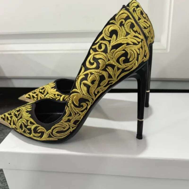 Designer Brand Embroidery Golden Pump Women Heels Metal Stiletto Black Sandals Fashion Girls Party Evening Shoes